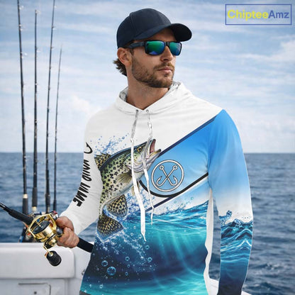 Blue Camo Crappie Fishing Performance Long Sleeve Hooded Team Crappie Fishing Tournament Shirts NBT1233