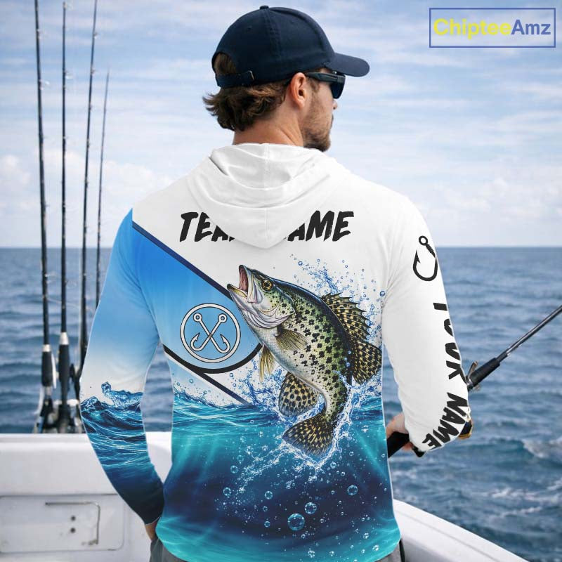 Blue Camo Crappie Fishing Performance Long Sleeve Hooded Team Crappie Fishing Tournament Shirts NBT1233