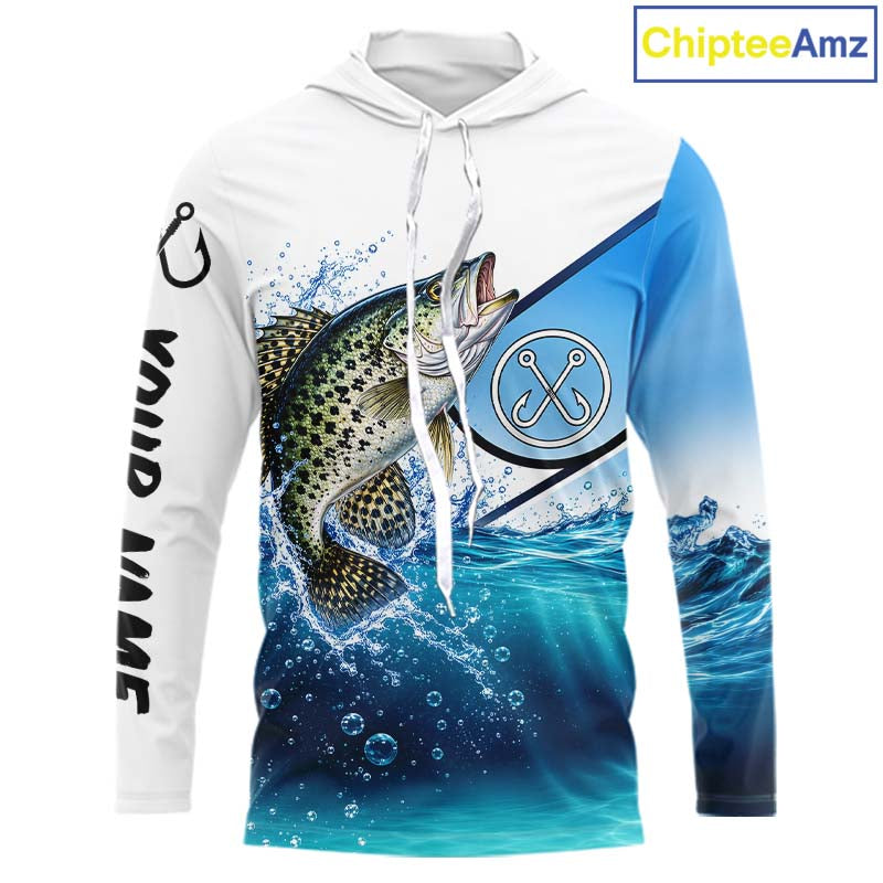 Blue Camo Crappie Fishing Performance Long Sleeve Hooded Team Crappie Fishing Tournament Shirts NBT1233