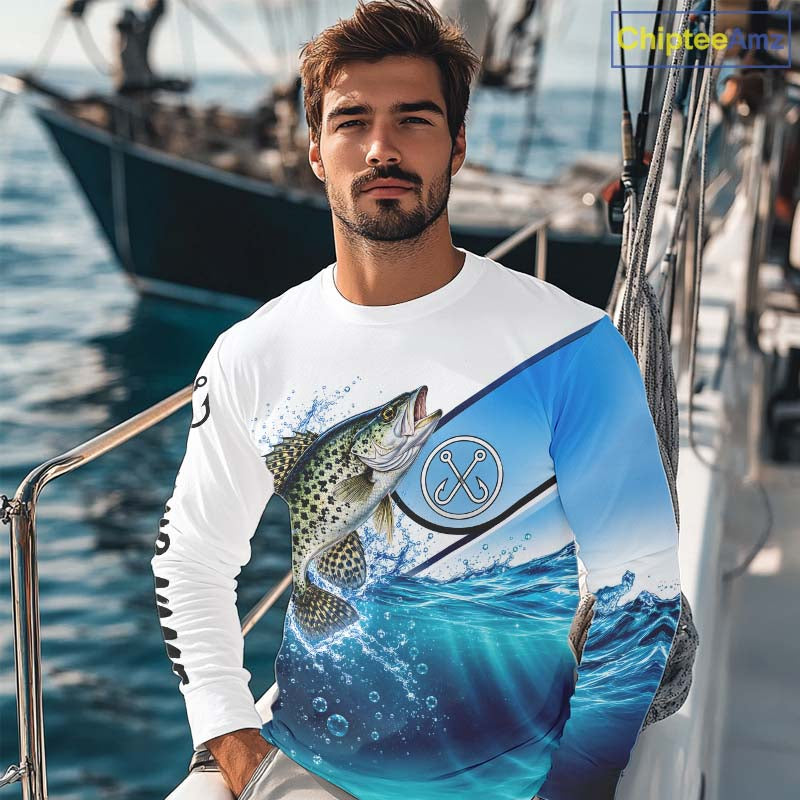 Blue Camo Crappie Fishing Performance Long Sleeve Team Crappie Fishing Tournament Shirts NBT1233