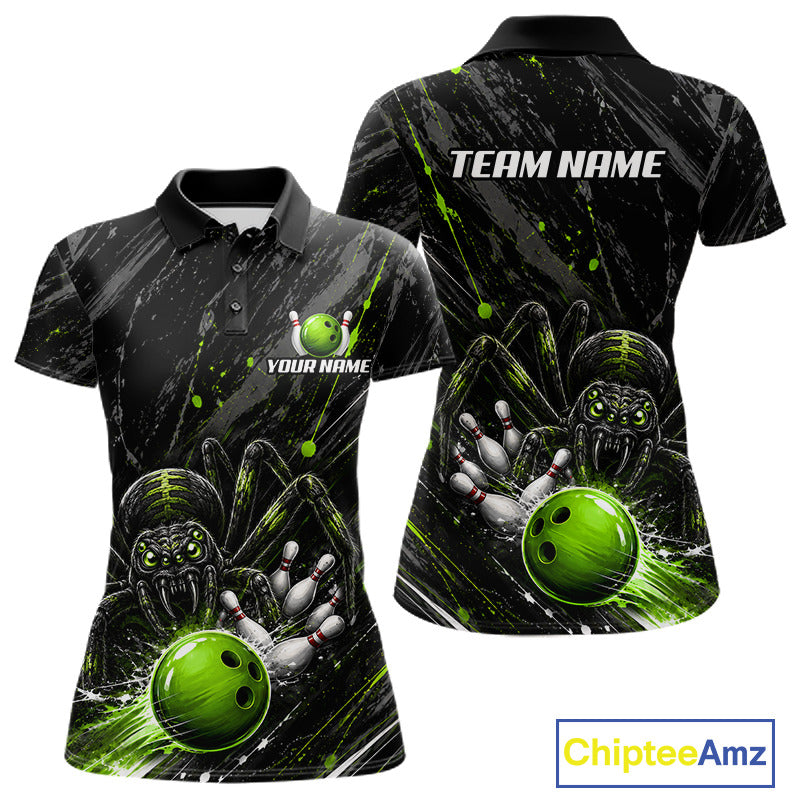 Custom Black And Green Spider Bowling Women Polo & 1/4 Quarter Zip Shirt, Bowling Team Tournament Jerseys NBT936
