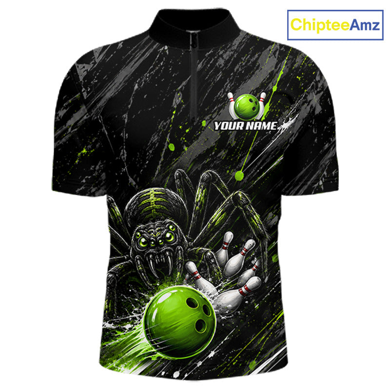 Custom Black And Green Spider Bowling Men Polo & 1/4 Quarter Zip Shirt, Bowling Team Tournament Jerseys NBT936