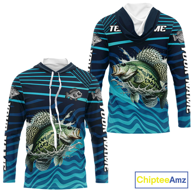 Crappie Fishing Custom Name UV Protection Long Sleeve Hooded Fishing Shirts, Crappie Team Fishing Jerseys NBT1102