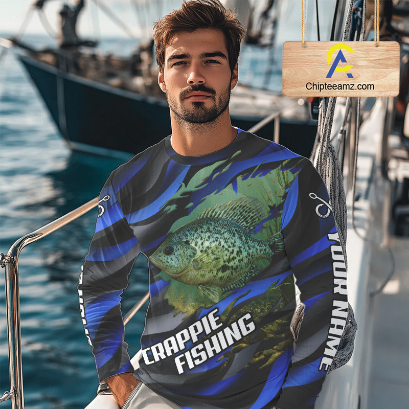 Custom Crappie Fishing Blue Camo Long Sleeve Fishing Shirts, Crappie Fishing Shirts NBT390