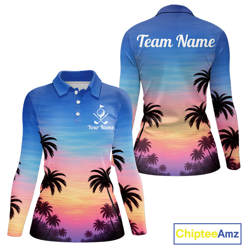 Custom Palm Tree Polo Golf Shirts For Women, Hawaii Tropical Personalized Polo Shirts, Golf Gifts NBT543