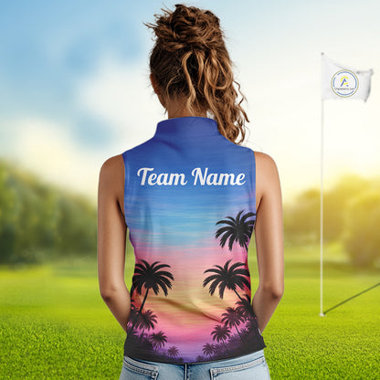Custom Palm Tree Sleeveless Golf Polo Shirts For Women, Hawaii Tropical Personalized Polo Shirts, Golf Gifts NBT543