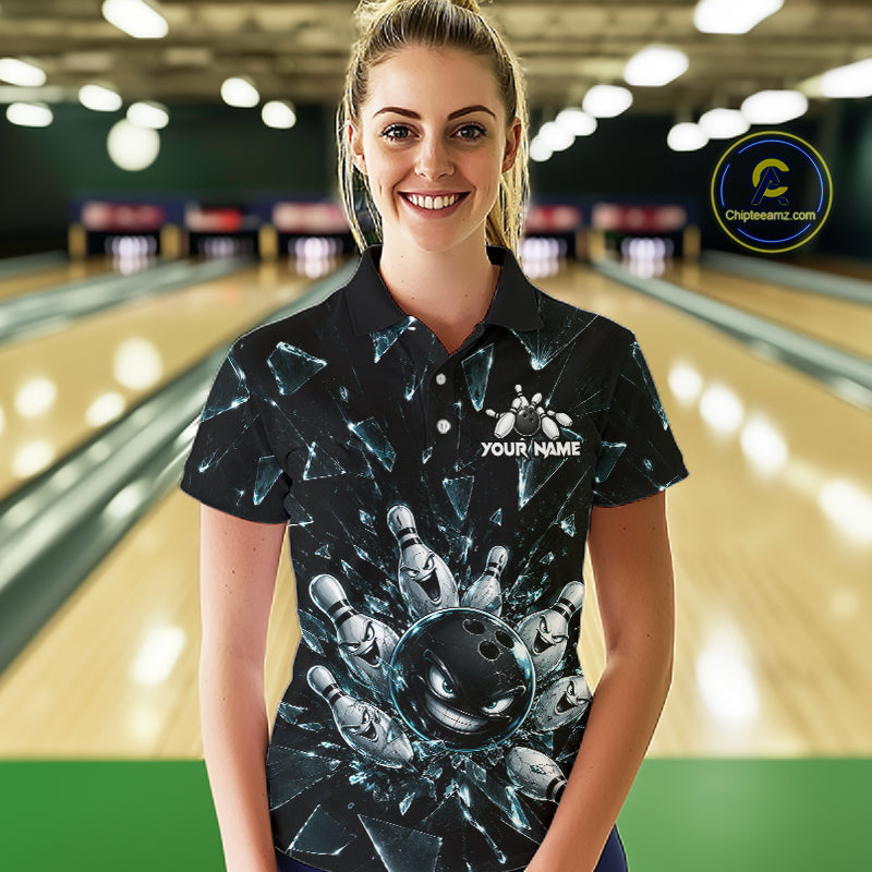 Custom Black Cracked Angry Bowling Shirts For Women Bowling Team Jersey Bowling League NBT1107