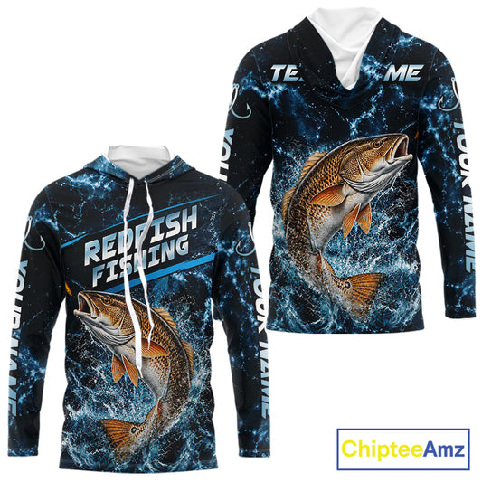 Custom Redfish Fishing Camo Long Sleeve Hooded Fishing Shirts, Personalized Redfish Fishing Team Jerseys NBT1032