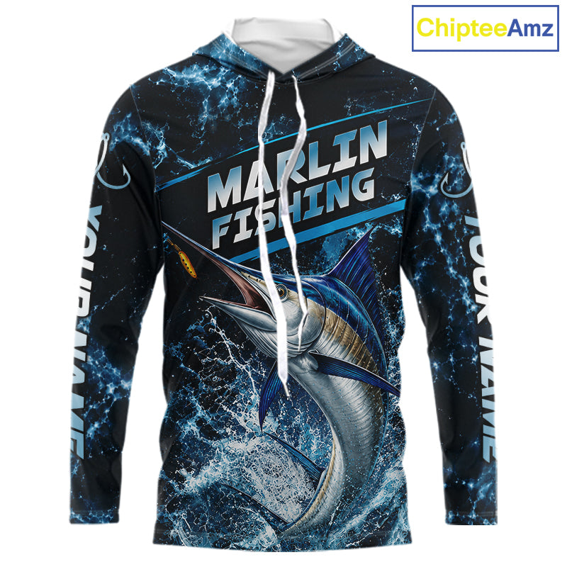 Custom Marlin Fishing Camo Long Sleeve Hooded Fishing Shirts, Personalized Marlin Fishing Team Jerseys NBT1033