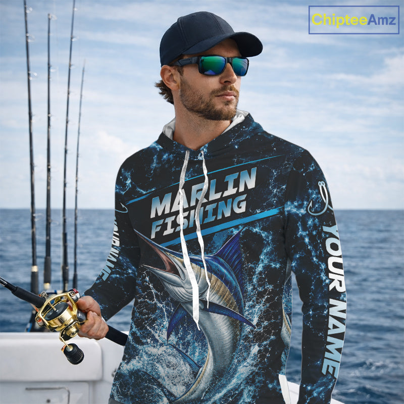 Custom Marlin Fishing Camo Long Sleeve Hooded Fishing Shirts, Personalized Marlin Fishing Team Jerseys NBT1033