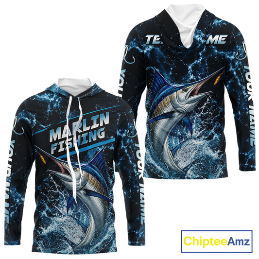 Custom Marlin Fishing Camo Long Sleeve Hooded Fishing Shirts, Personalized Marlin Fishing Team Jerseys NBT1033