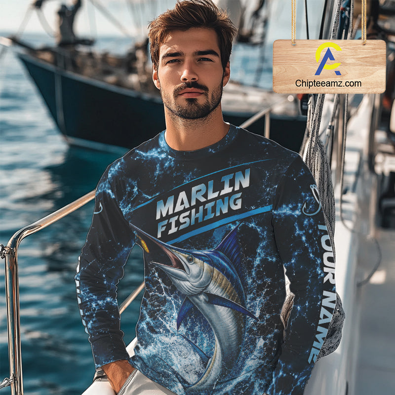 Custom Marlin Fishing Camo Long Sleeve Fishing Shirts, Personalized Marlin Fishing Team Jerseys NBT1033