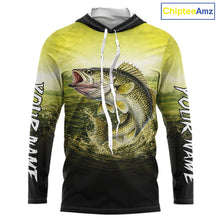 Load image into Gallery viewer, Yellow Walleye Fishing UV Protection Long Sleeve Hooded Fishing Shirts, Custom Walleye Fishing Shirts NBT400