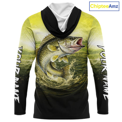 Yellow Walleye Fishing UV Protection Long Sleeve Hooded Fishing Shirts, Custom Walleye Fishing Shirts NBT400