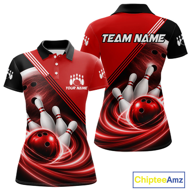 Personalized Red Bowling Jersey Bowling Polo Shirt For Women, Team Bowling League Shirts NBT944
