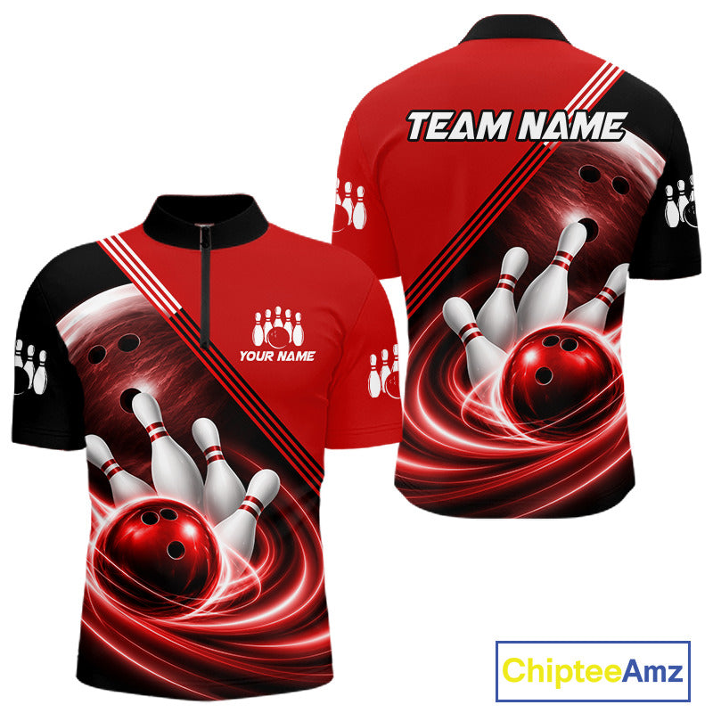 Personalized Red Bowling Jersey Bowling Polo Shirt For Men, Team Bowling League Shirts NBT944