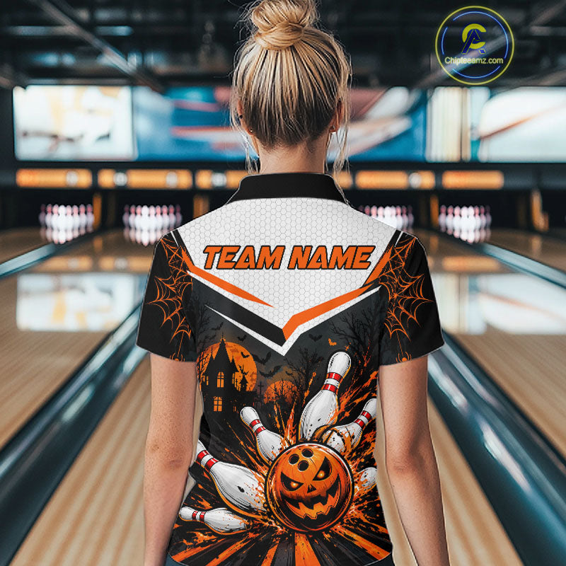 Black Bowling Camo Orange Custom Halloween Bowling Shirts For Women, Bowling Team Jerseys NBT1117
