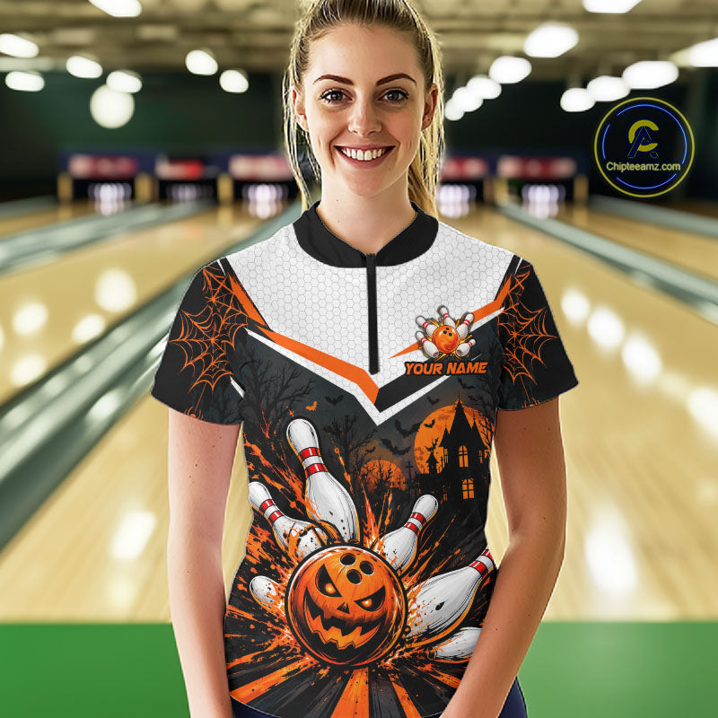 Black Bowling Camo Orange Custom Halloween Bowling Shirts For Women, Bowling Team Jerseys NBT1117