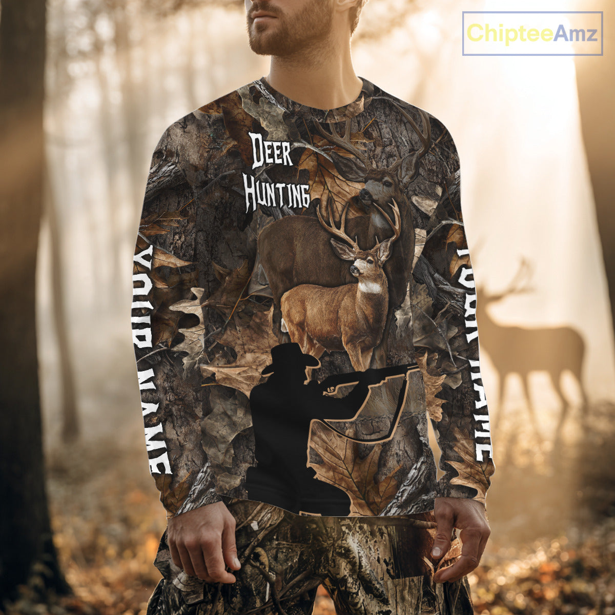Whitetail Deer Hunting Brown Camo with Hunter 3D Print Custom Name Shirts, Hunting Gift NBT269