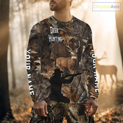 Whitetail Deer Hunting Brown Camo with Hunter 3D Print Custom Name Shirts, Hunting Gift NBT269