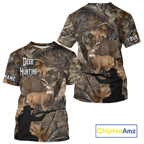 Whitetail Deer Hunting Brown Camo with Hunter 3D Print Custom Name Shirts, Hunting Gift NBT269