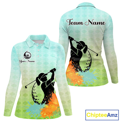 Womens Golf Polo Shirt Colorful Argyle Pattern Custom Name And Team Name Golf Shirt, Golfing Gifts NBT559