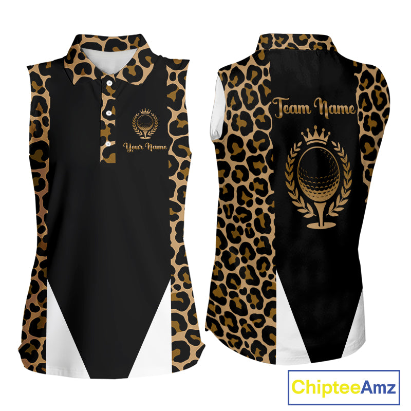 Womens Sleeveless Golf Polo Shirts Brown Leopard Pattern Black Golf Shirt Custom Name Golf Wear For Womens NBT560