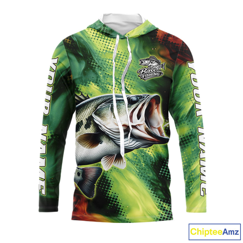 Custom Green Camo Bass Long Sleeve Hooded Fishing Shirts, Bass Fishing Shirts For Men NBT449