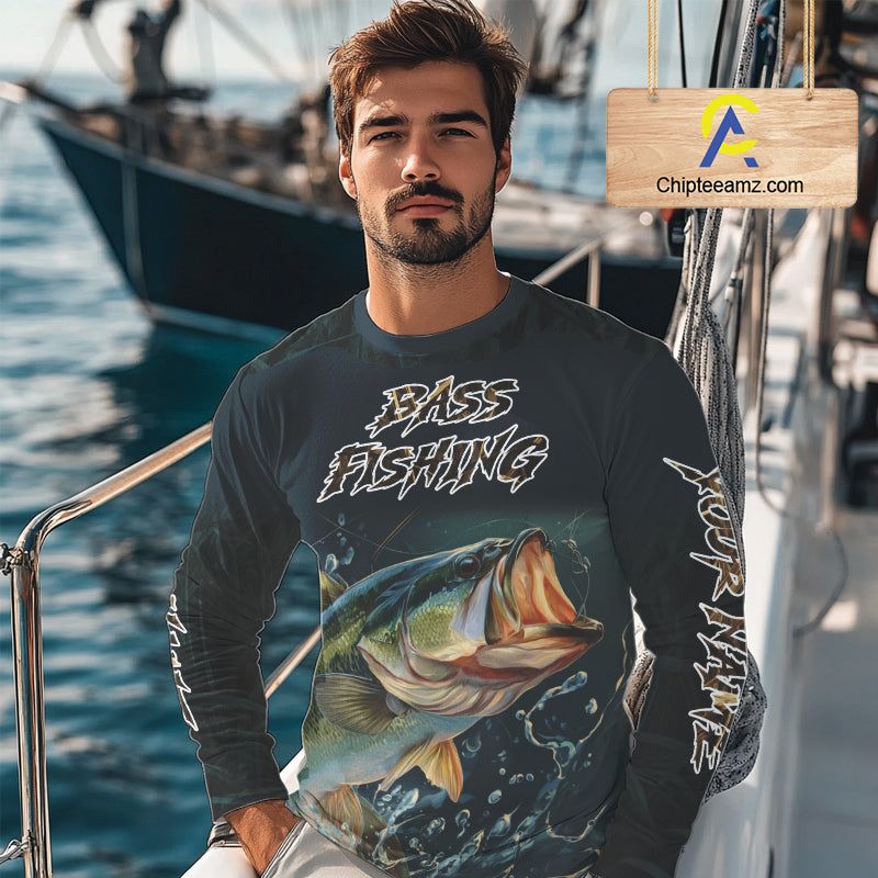 Largemouth Bass Fishing Long Sleeve Fishing Shirts Grass Camo, Bass Fishing Tournament Jerseys NBT362