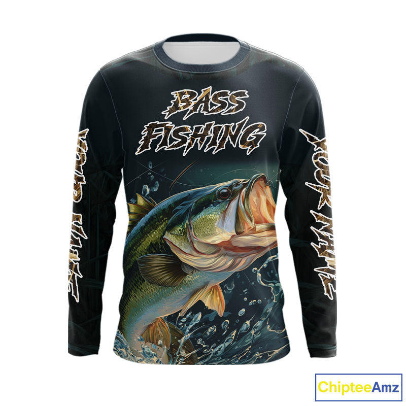 Largemouth Bass Fishing Long Sleeve Fishing Shirts Grass Camo, Bass Fishing Tournament Jerseys NBT362
