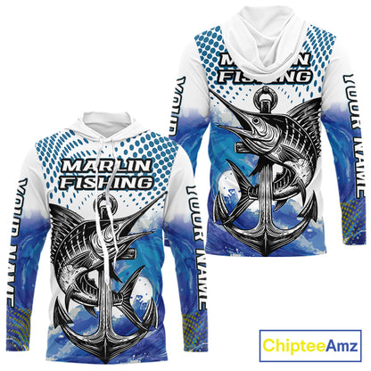 Personalized Blue Marlin Fishing Hood Saltwater Fish Custom Name Tournament Fishing Shirts NBT368