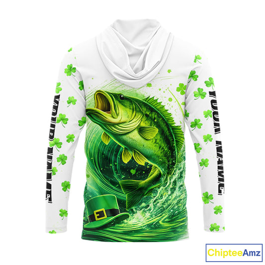 Personalized St Patrick's Day Shirts Largemouth Bass Fishing Long Sleeve Hooded, Custom Bass Fishing Jerseys NBT383