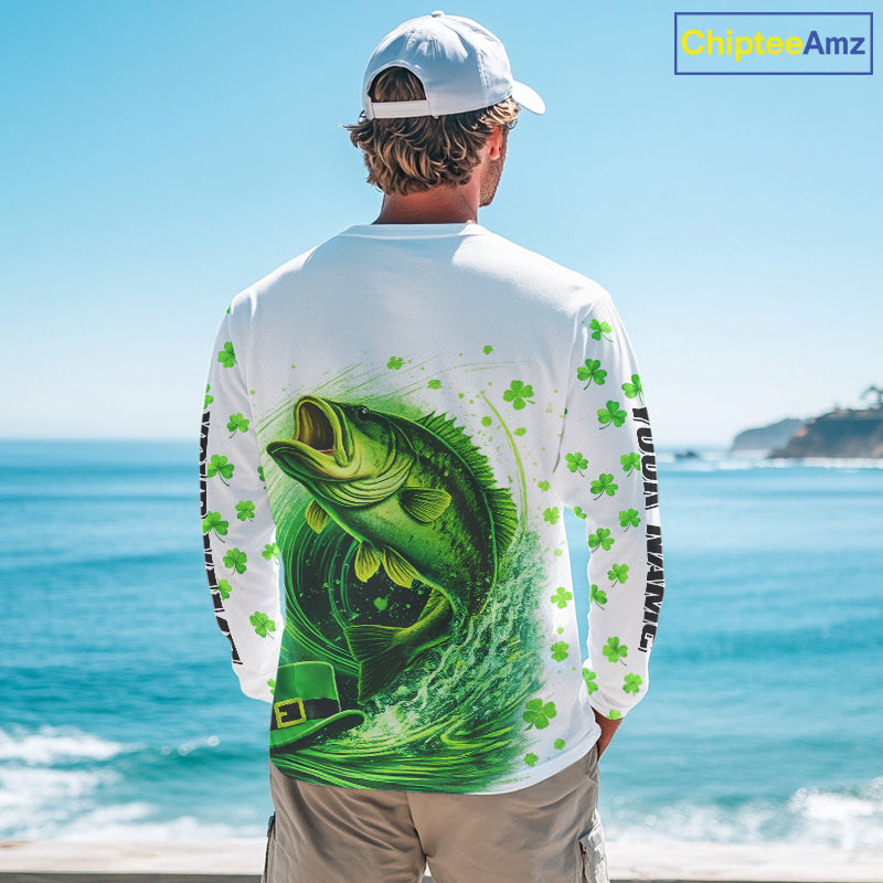 Personalized St Patrick's Day Shirts Largemouth Bass Fishing Long Sleeve, Custom Bass Fishing Jerseys NBT383