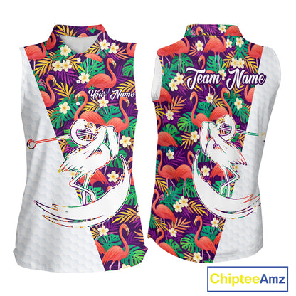 Women Sleeveless Golf Polo Shirts Colorful Floral Flamingo Pattern Tropical Leaves Custom Name Team Golf Shirts NBT524