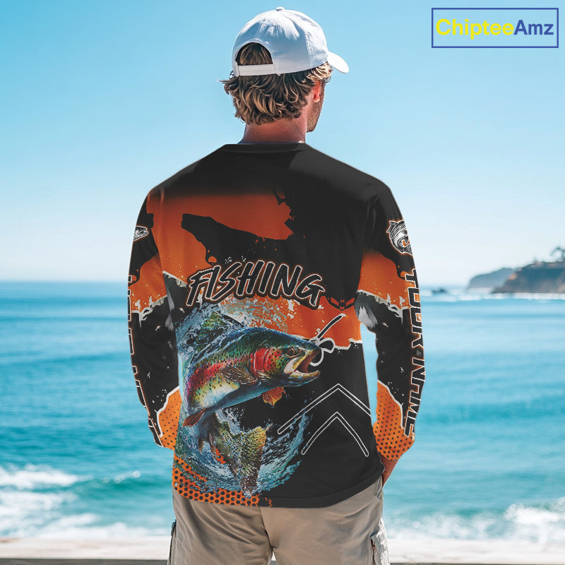 Rainbow Trout Fishing Custom Orange Long Sleeve Fishing Shirts, Trout Tournament Fishing Jerseys NBT343