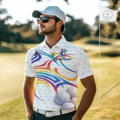 Rainbow Color Mens Golf Polo Shirts Golf Ball Pattern Custom Name, White Golf Shirt For Men NBT545