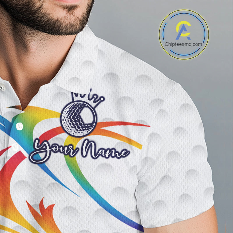 Rainbow Color Mens Golf Polo Shirts Golf Ball Pattern Custom Name, White Golf Shirt For Men NBT545