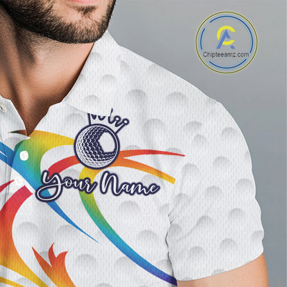 Rainbow Color Mens Golf Polo Shirts Golf Ball Pattern Custom Name, White Golf Shirt For Men NBT545