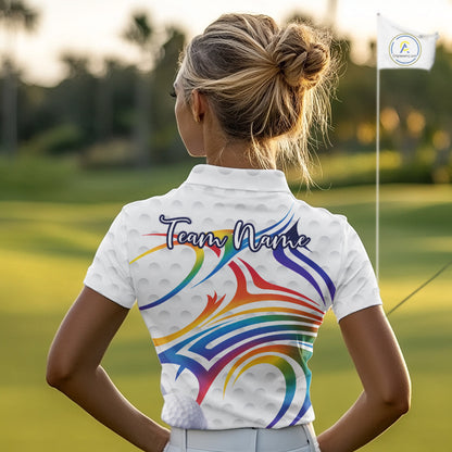 Rainbow Color Womens Golf Polo Shirts Golf Ball Pattern Custom Name, White Golf Shirt For Ladies NBT545