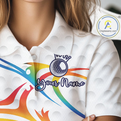 Rainbow Color Womens Golf Polo Shirts Golf Ball Pattern Custom Name, White Golf Shirt For Ladies NBT545