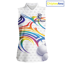 Load image into Gallery viewer, Rainbow Color Womens Sleeveless Golf Polo Shirts Golf Ball Pattern Custom Name, White Golf Shirt For Women NBT545