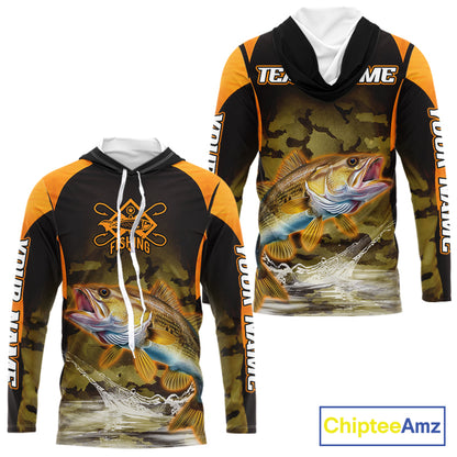 Personalized Walleye Long Sleeve Hooded Fishing Shirts Orange Camouflage, Walleye Fishing Shirts NBT395
