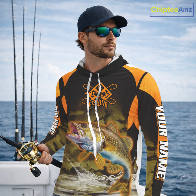 Personalized Walleye Long Sleeve Hooded Fishing Shirts Orange Camouflage, Walleye Fishing Shirts NBT395
