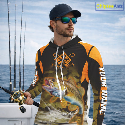 Personalized Walleye Long Sleeve Hooded Fishing Shirts Orange Camouflage, Walleye Fishing Shirts NBT395