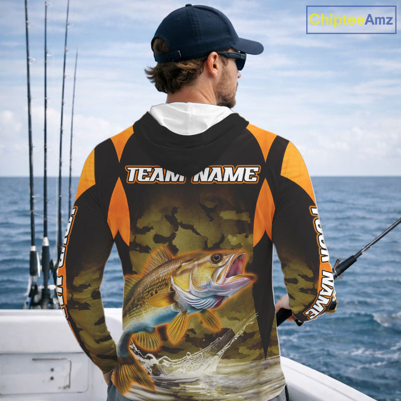 Personalized Walleye Long Sleeve Hooded Fishing Shirts Orange Camouflage, Walleye Fishing Shirts NBT395