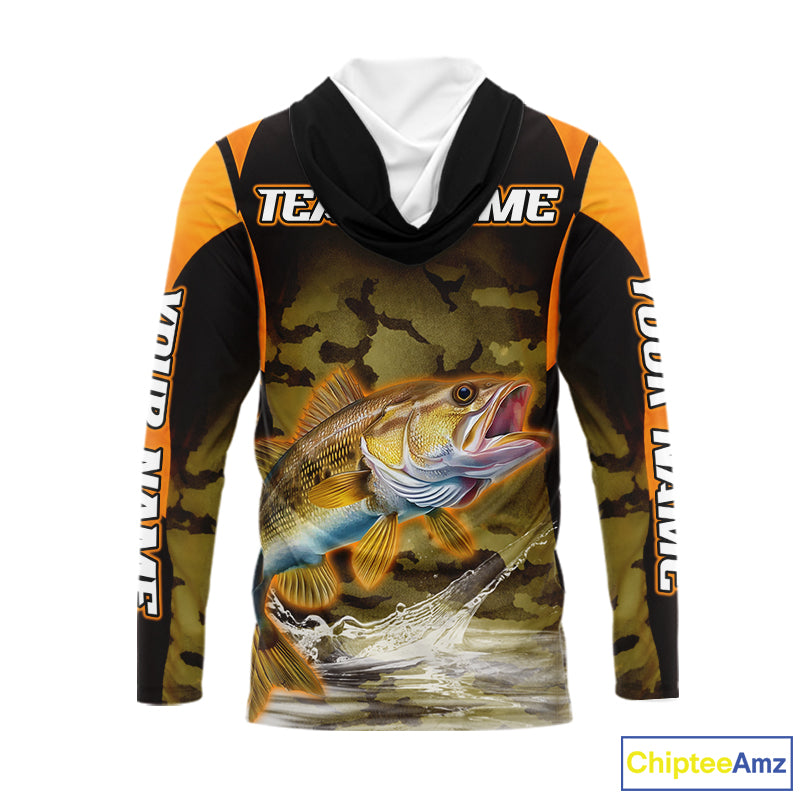 Personalized Walleye Long Sleeve Hooded Fishing Shirts Orange Camouflage, Walleye Fishing Shirts NBT395