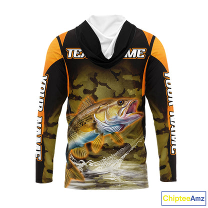 Personalized Walleye Long Sleeve Hooded Fishing Shirts Orange Camouflage, Walleye Fishing Shirts NBT395