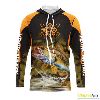 Personalized Walleye Long Sleeve Hooded Fishing Shirts Orange Camouflage, Walleye Fishing Shirts NBT395
