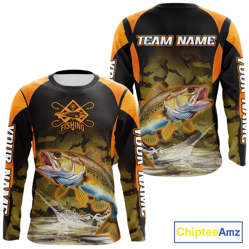 Personalized Walleye Long Sleeve Fishing Shirts Orange Camouflage, Walleye Fishing Shirts NBT395