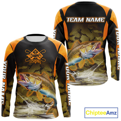 Personalized Walleye Long Sleeve Fishing Shirts Orange Camouflage, Walleye Fishing Shirts NBT395